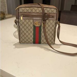 Gucci Beige and Brown Crossbody Bag with Green and Red Stripe